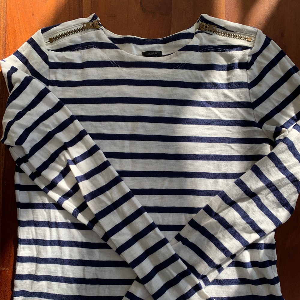 J Crew Navy and White Long Sleeve Tee with Zipper